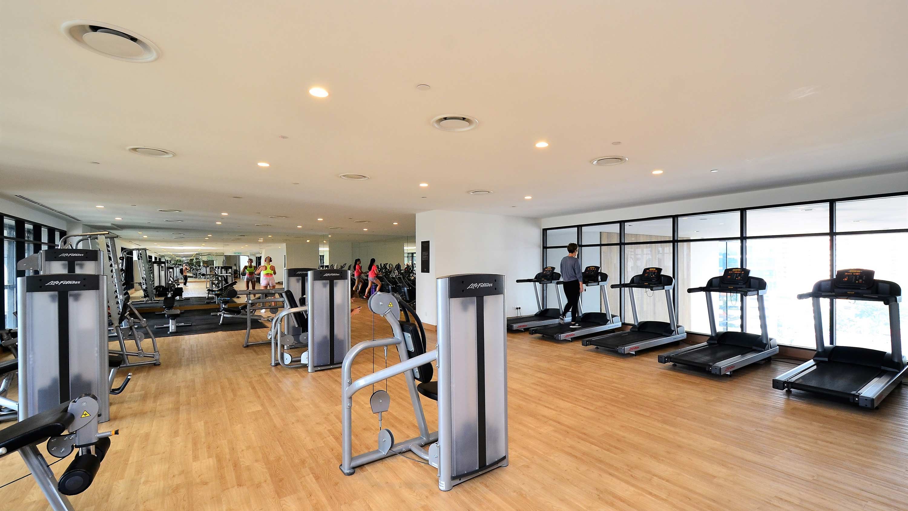 gym with wooden floors, audio in the ceiling, wifi